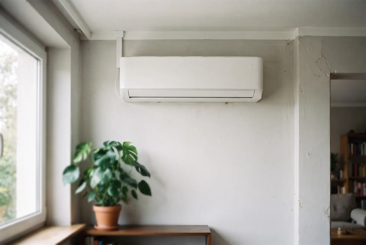 Außeneinheit einer reversiblen Luft-Luft-Wärmepumpe an der Hausfassade, die im Sommer kühlt und im Winter heizt