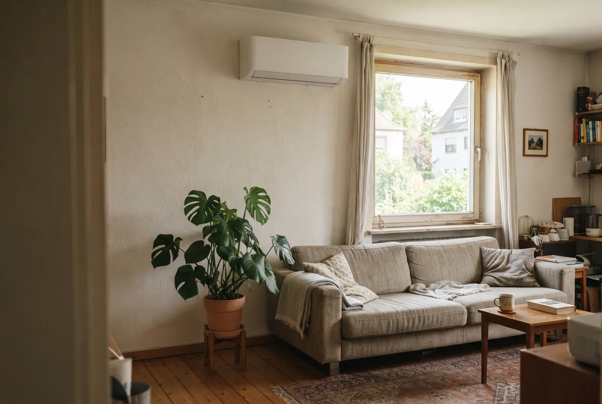 Wohnzimmer mit Split-Innengerät, das im Sommer kühlt und im Winter als Wärmepumpe heizt