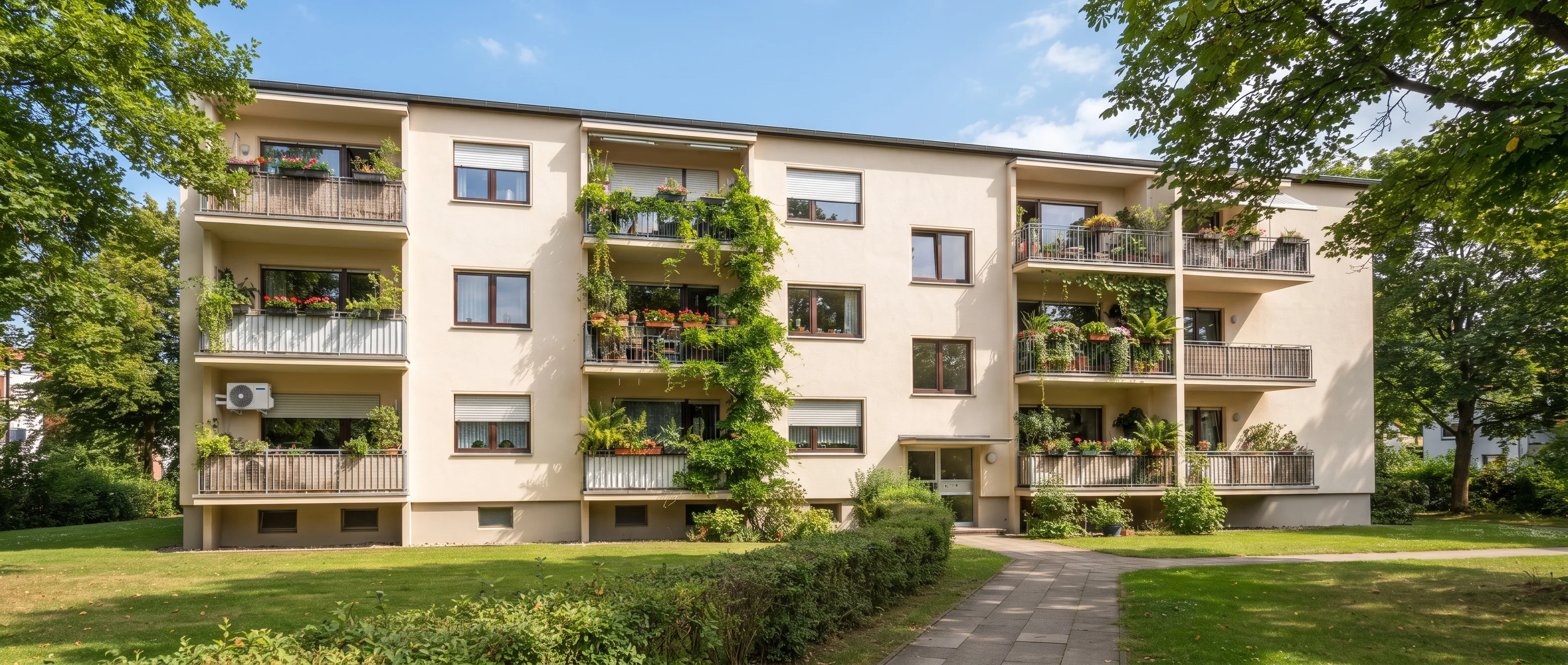 Klimaanlage in der Mietwohnung: Außengerät am Balkon eines Mehrfamilienhauses