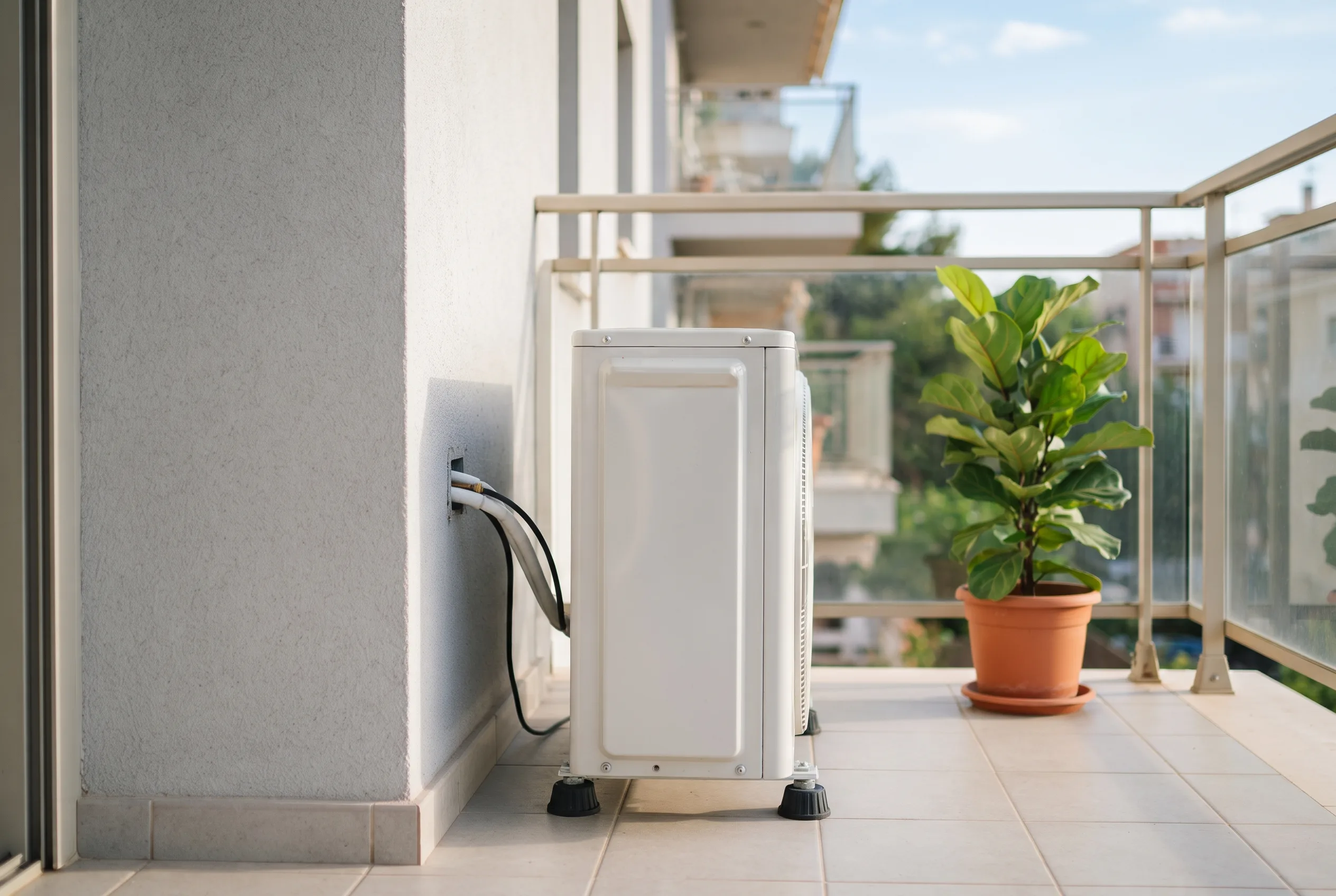 Außeneinheit einer Split-Klimaanlage auf dem Balkon mit kurzer Leitungsführung in die Wand