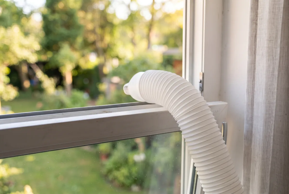 Abluftschlauch der mobilen Klimaanlage in einer Fensterabdichtung am gekippten Fenster