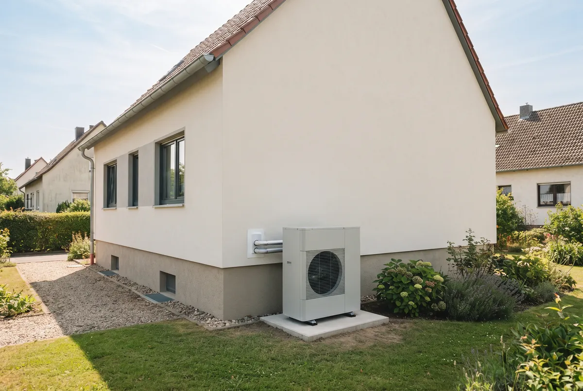 Außeneinheit einer Luft-Luft-Wärmepumpe auf Bodenplatte an einem verputzten Einfamilienhaus