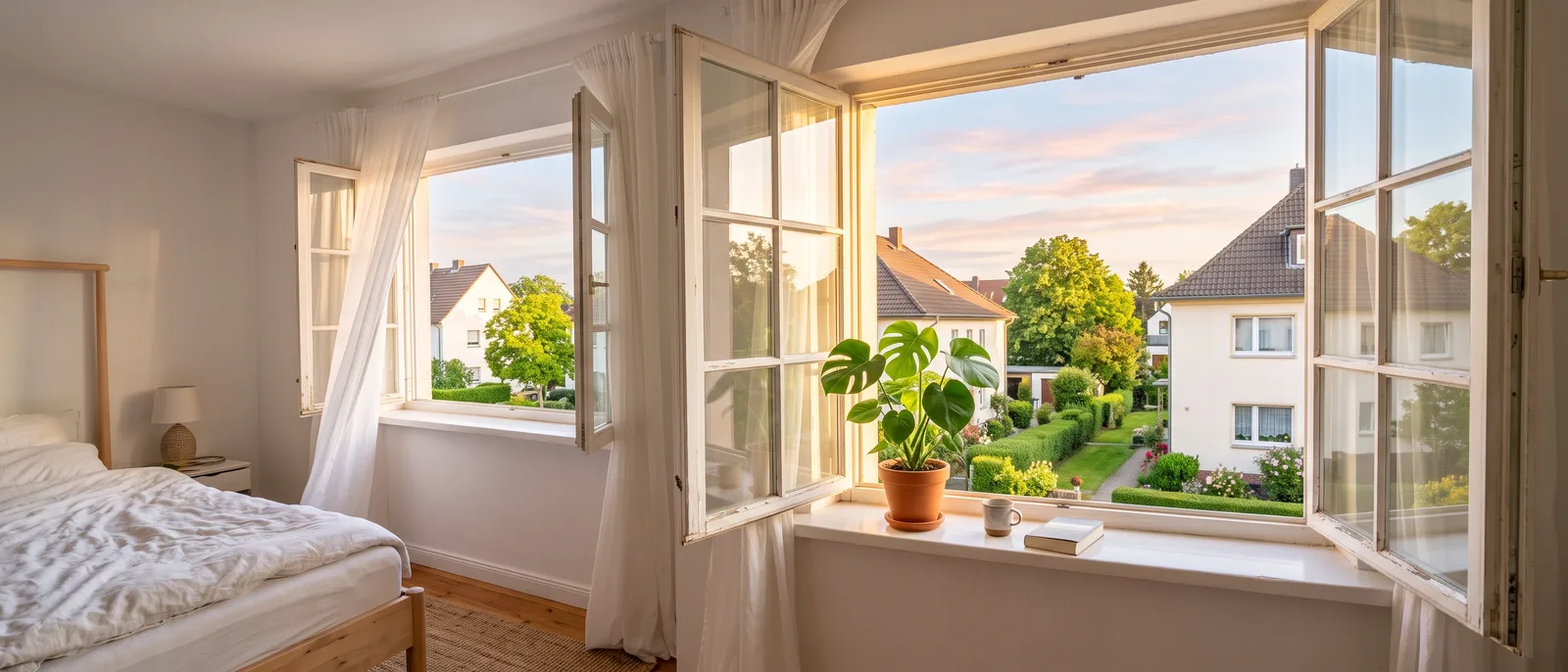Geöffnetes Fenster in der Morgendämmerung: Richtig lüften bei Hitze durch Nachtlüftung
