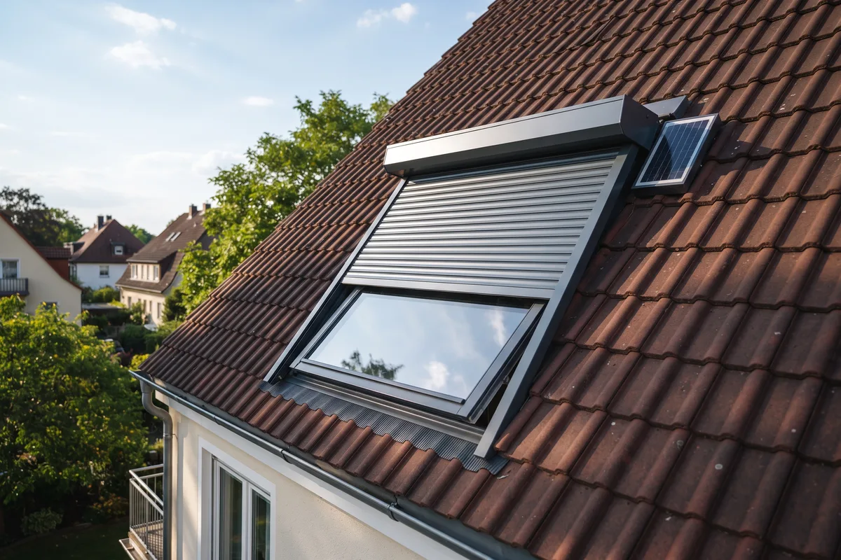 Dachflächenfenster mit außenliegendem Rollladen, halb hochgefahren, darunter gekipptes Fenster, Sonderfall Nachtlüftung unter dem Dach