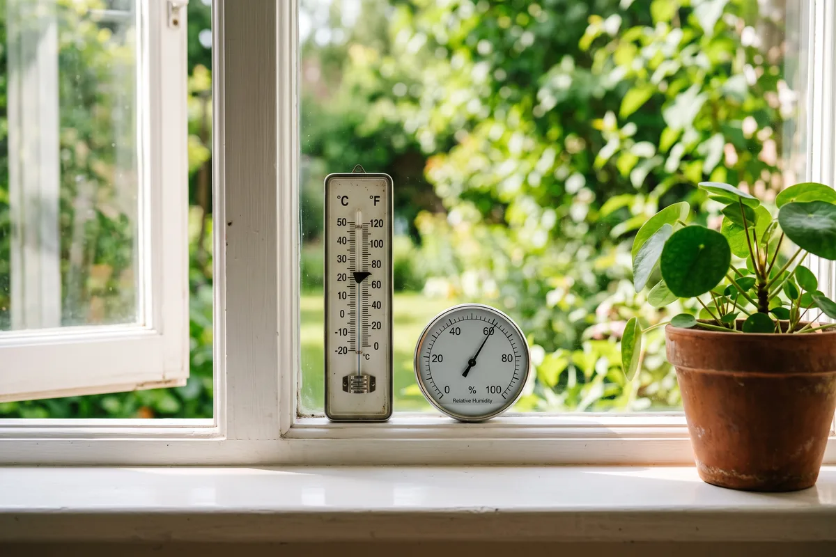 Thermometer und Hygrometer auf der Fensterbank, die Entscheidungshilfe für richtiges Lüften bei Hitze