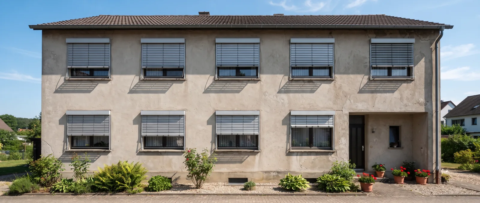Hausfassade mit außenliegenden Raffstores, sommerlicher Wärmeschutz nach GEG