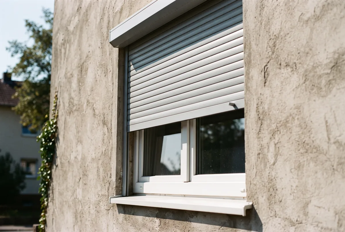 Detailansicht außenliegender Raffstore-Lamellen mit niedrigem Abminderungsfaktor F_C an einem Fenster