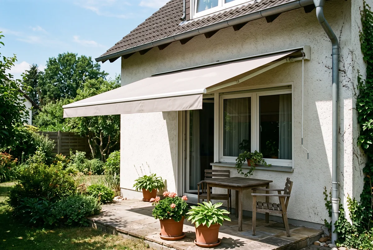 Wohnzimmer mit bodentiefen Fenstern und außenliegendem Sonnenschutz an einer nach Süden orientierten Fassade