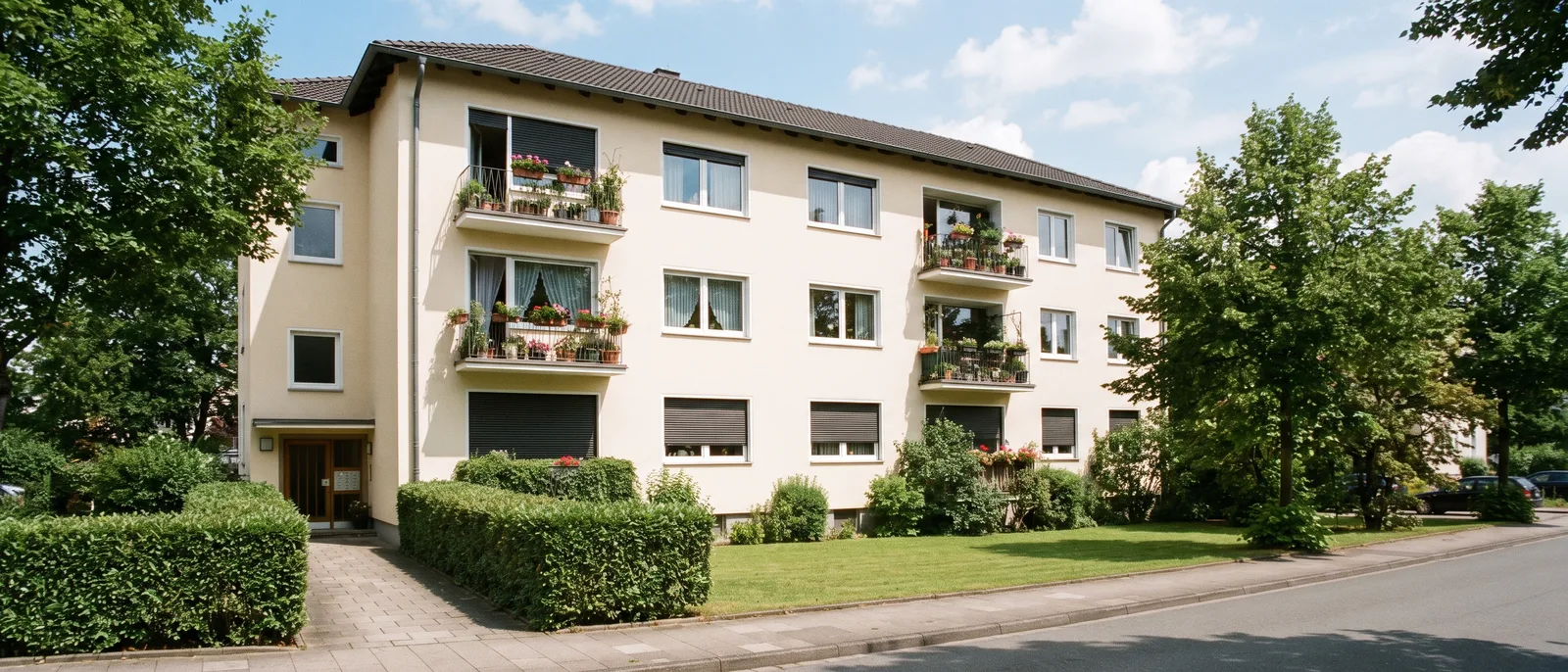 Mehrfamilienhaus mit heruntergelassenen Rollläden: Wohnung kühlen ohne Klimaanlage beginnt außen