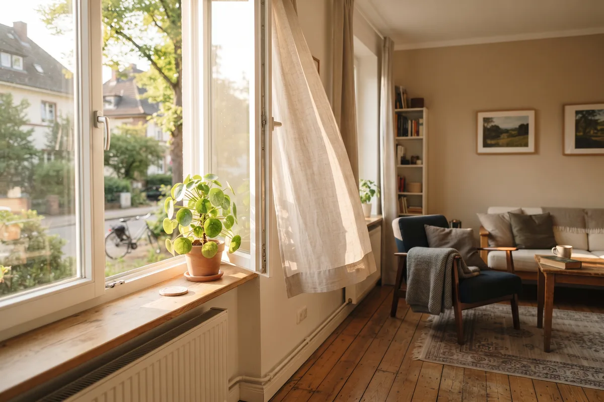 Weit geöffnetes Fenster mit wehender Gardine am frühen Morgen: Querlüftung zum Wohnung kühlen ohne Klimaanlage