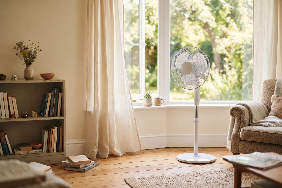 Ventilator am offenen Fenster im Wohnzimmer als sparsame Alternative zur Klimaanlage