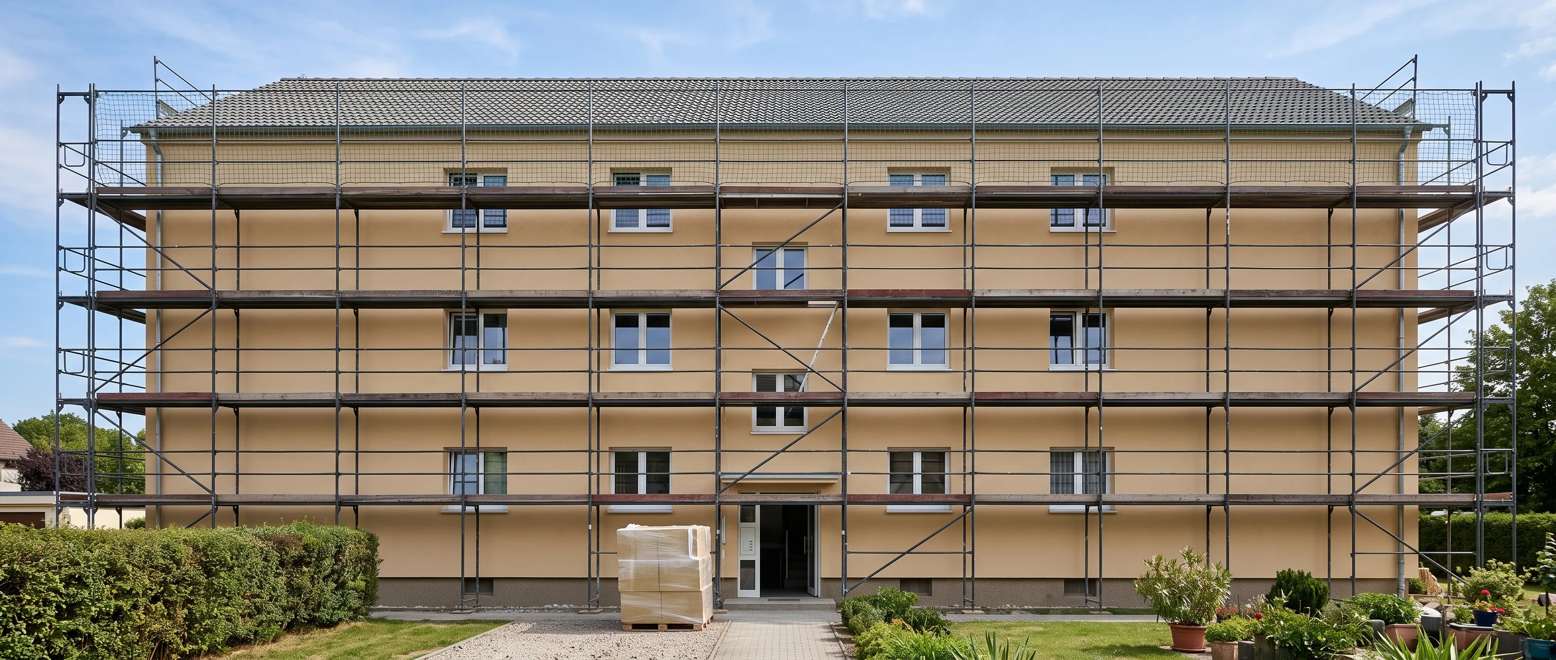 Altbau-Mehrfamilienhaus komplett eingerüstet und mit durchgehender Fassadendämmung während der energetischen Sanierung
