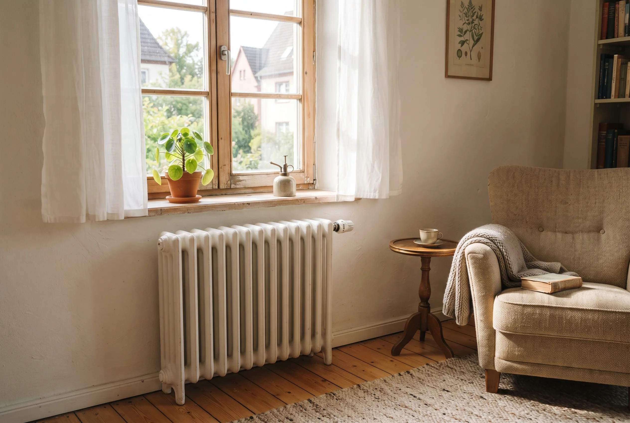Heller Altbau-Wohnraum mit klassischem Heizkörper unter dem Fenster im warmen Sonnenlicht