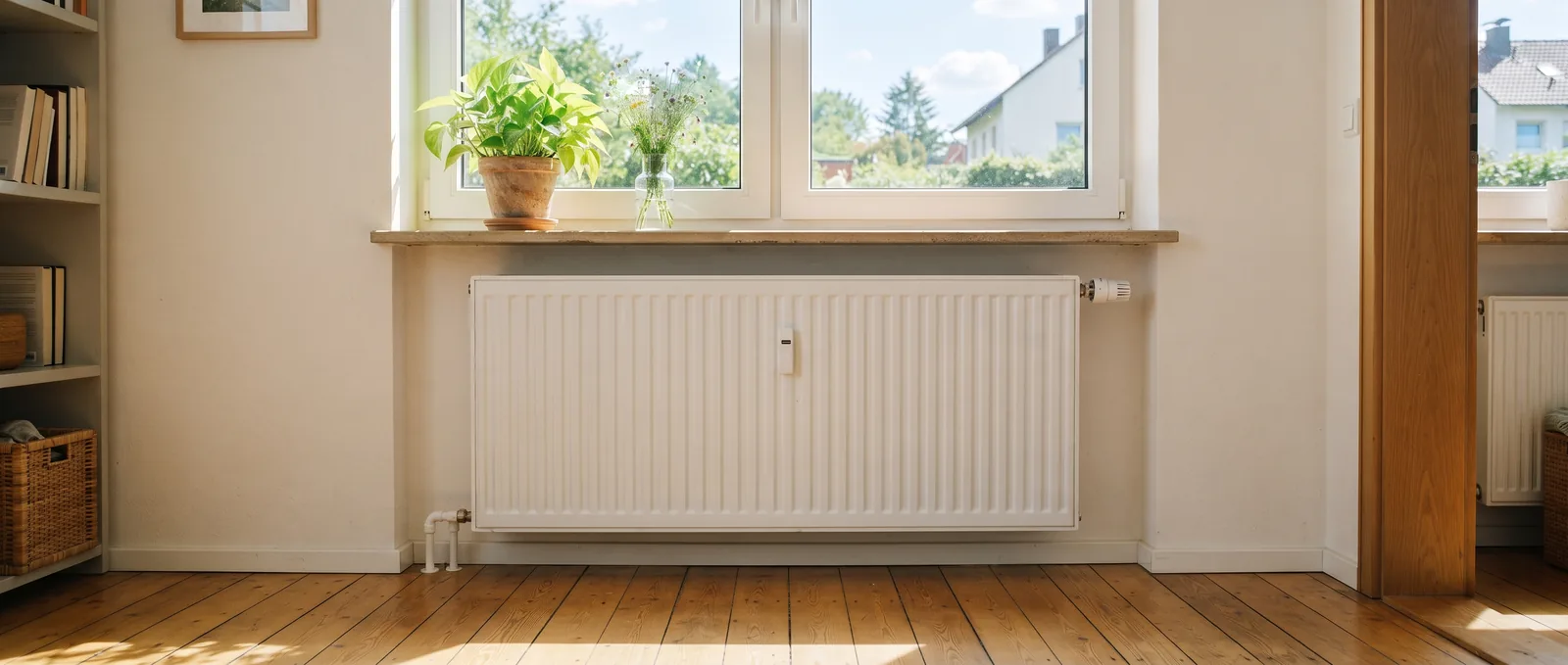 Großer weißer Plattenheizkörper unter einem sonnigen Fenster mit Zimmerpflanze auf der Fensterbank
