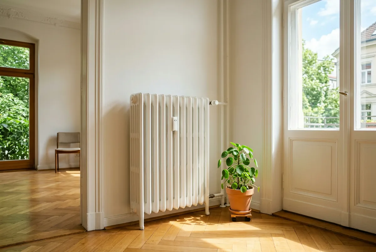 Älterer weißer Rippenheizkörper an der Wand eines hellen, gepflegten Altbauzimmers