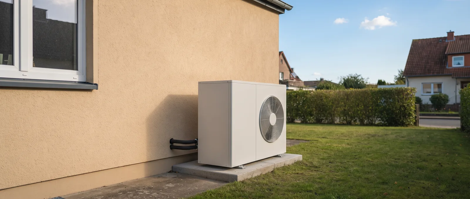 Wärmepumpen-Außeneinheit an der Seite eines gepflegten Wohnhauses mit Abstand zur Grundstücksgrenze