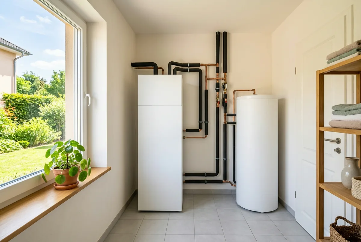 Heller Technikraum mit Wärmepumpen-Innengerät und Warmwasserspeicher bei Tageslicht