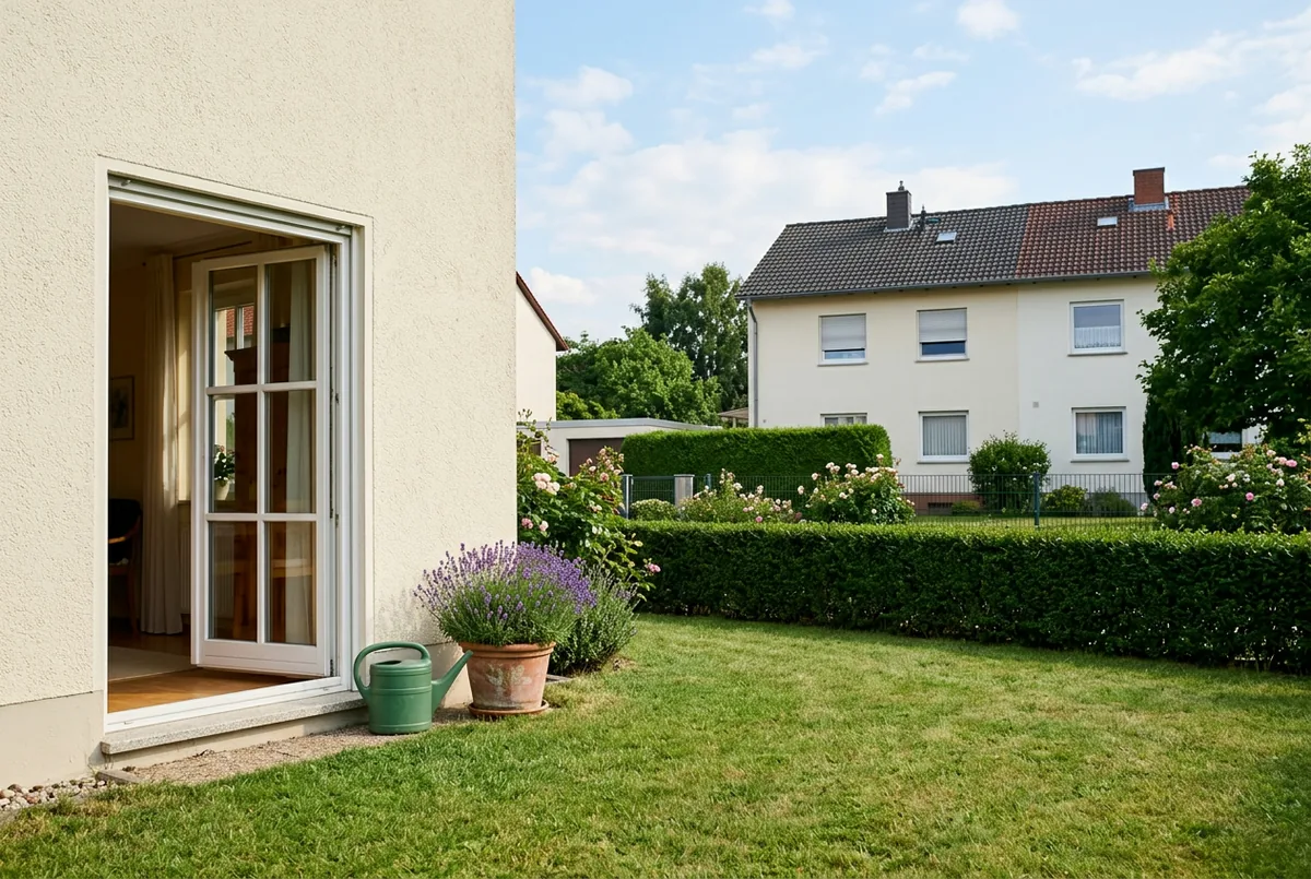 Gepflegter Garten mit Rasen und Hecke und großzügigem Abstand zum Nachbargrundstück