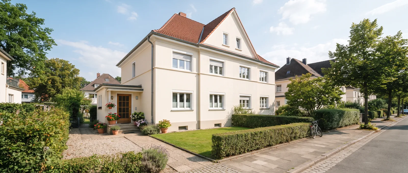 Verputzter Altbau als Doppelhaus mit Vorgarten, typisches Bestandsgebäude für den Wärmepumpen-Eignungscheck