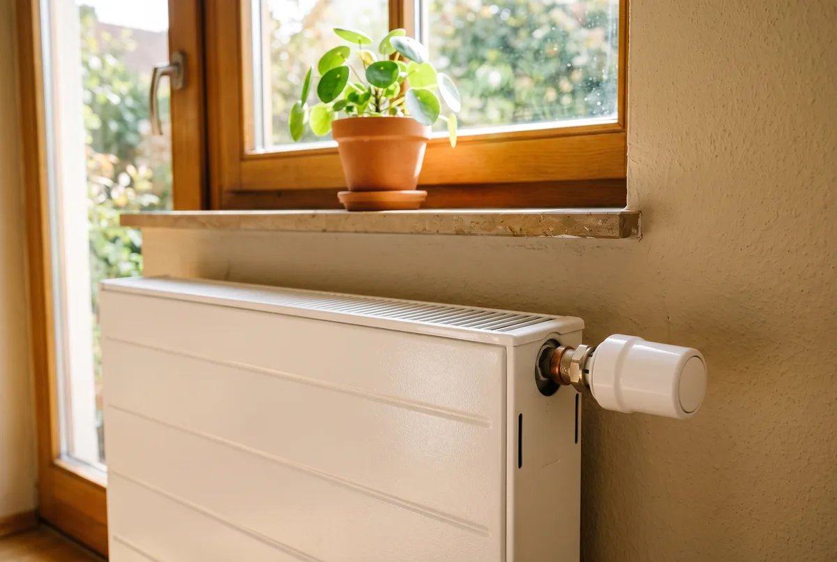 Heizkörper mit Thermostatventil unter einem Fenster im Altbau als Heizfläche für den 50-Grad-Test