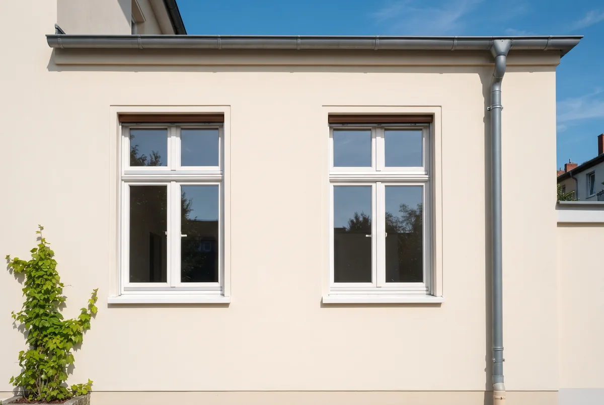 Verputzte Altbau-Fassade mit Fenstern und Fallrohr als Beispiel für die Baujahr-Einordnung beim Wärmepumpen-Check