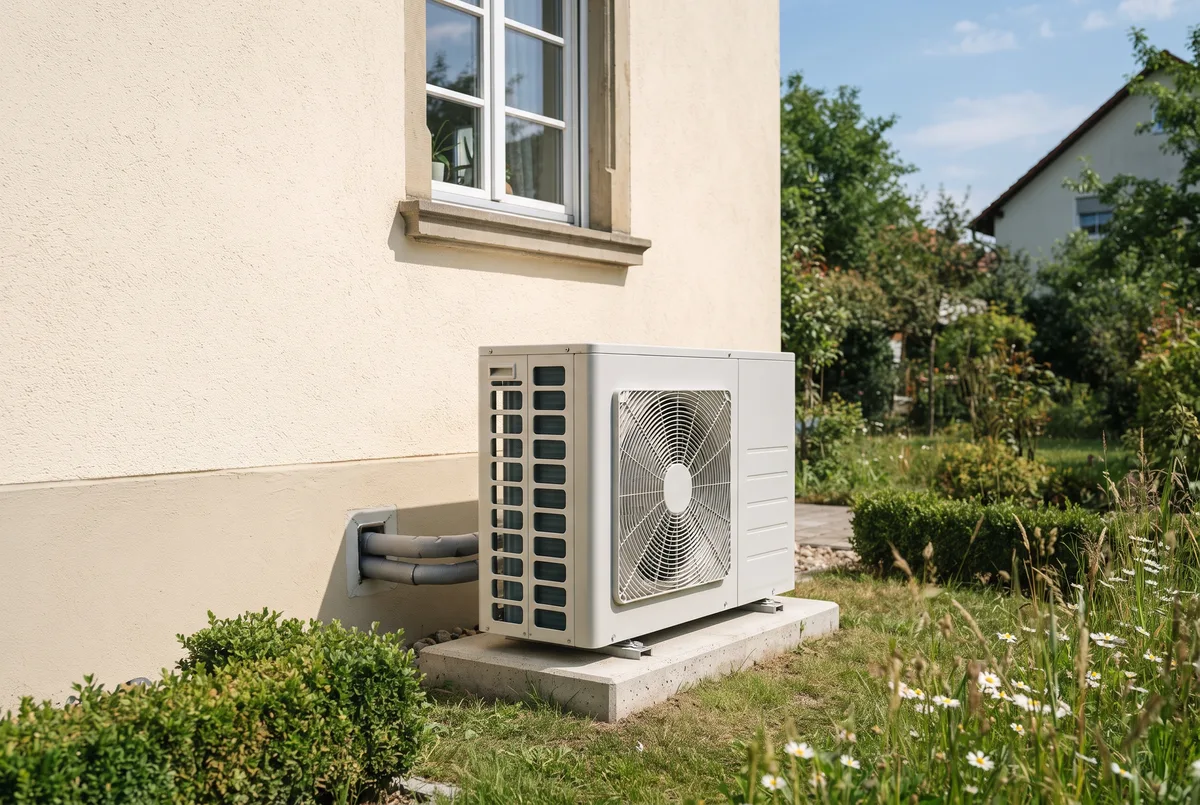 Moderne Monoblock-Wärmepumpe an einer verputzten Altbau-Fassade als Ergebnis eines bestandenen Eignungs-Checks
