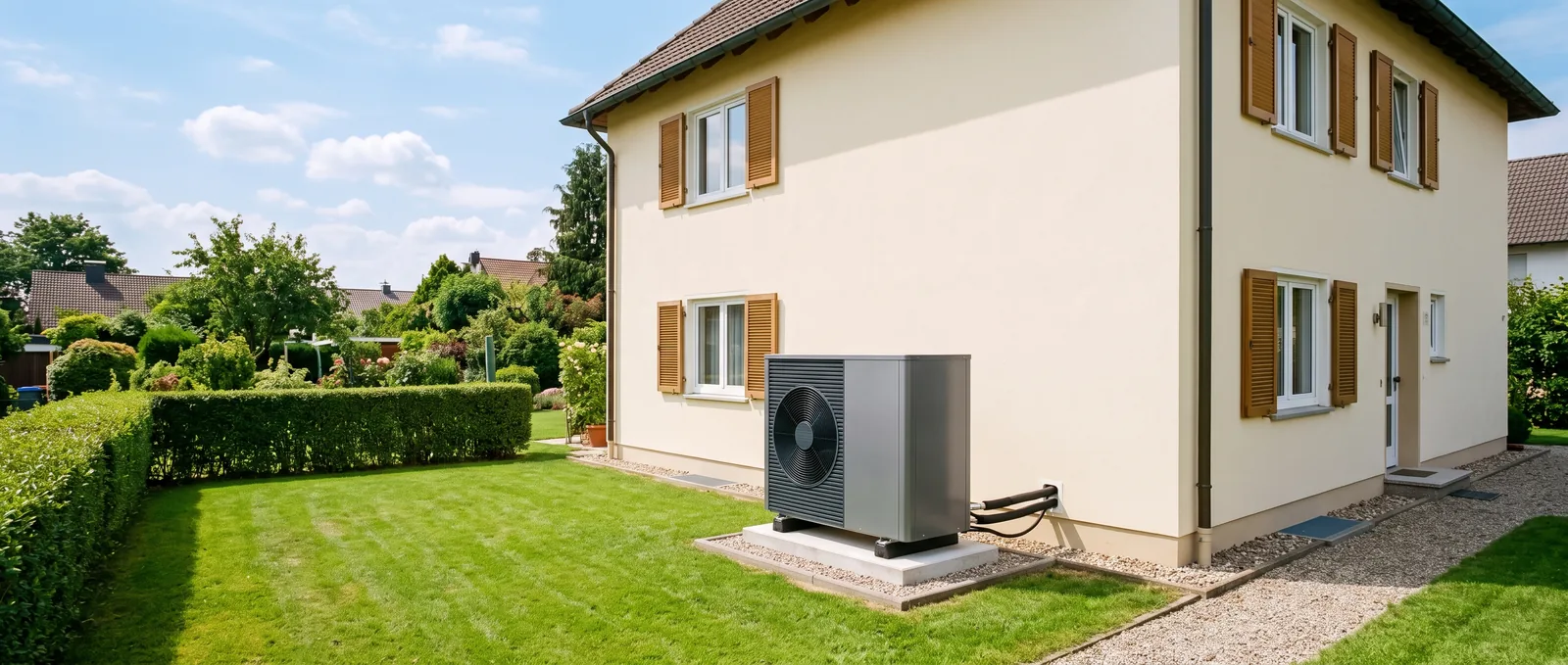 Sonnige Seitenansicht eines gepflegten Wohnhauses mit neuer Wärmepumpen-Außeneinheit und Abstand zur Hecke