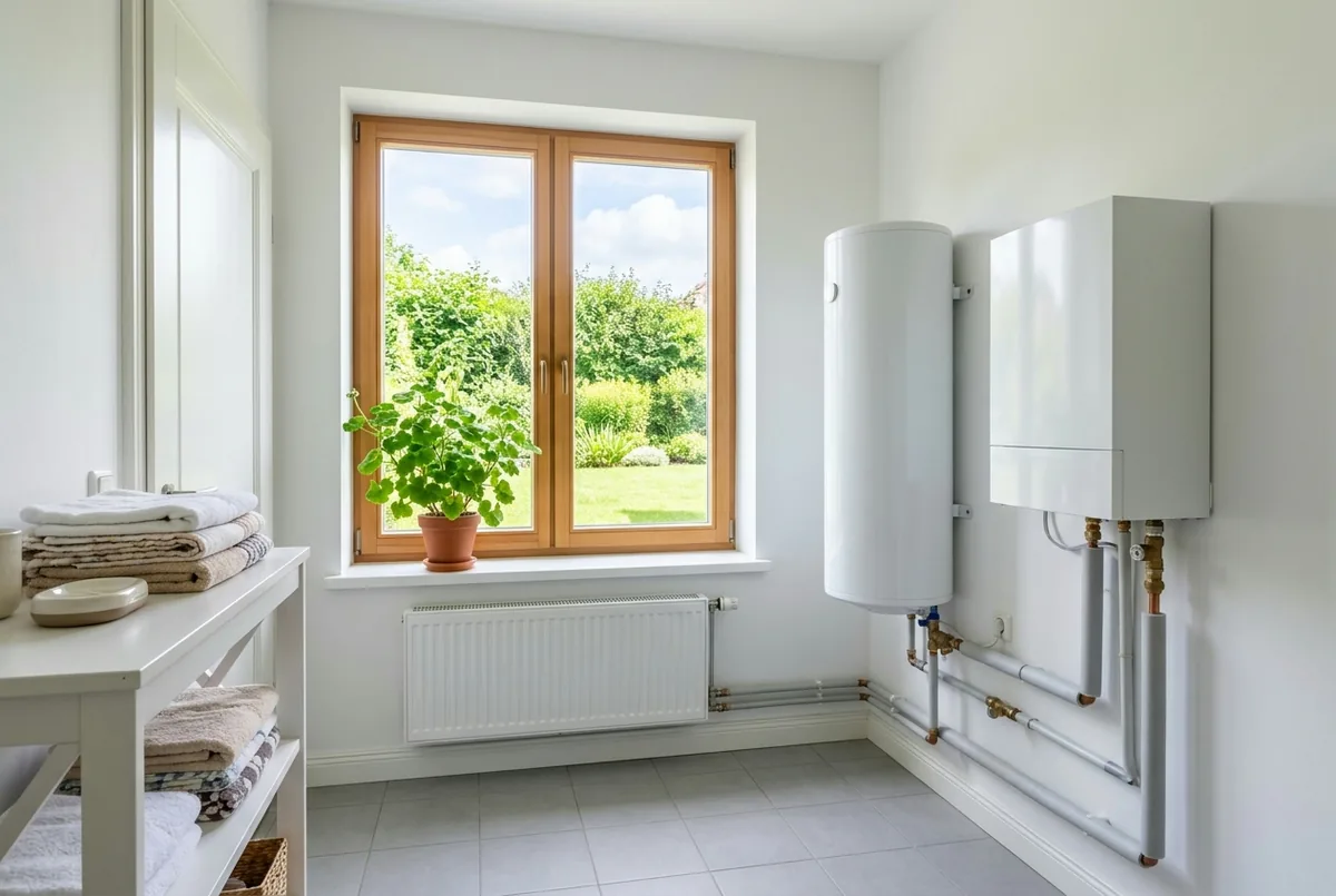 Heller Hauswirtschaftsraum mit weißem Warmwasserspeicher und sauber gedämmten Leitungen bei Tageslicht