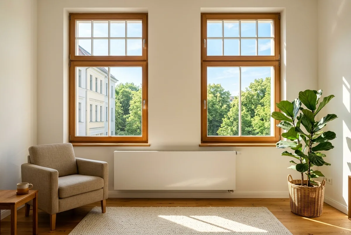 Sonniges Altbau-Wohnzimmer mit hohem Fenster, Flachheizkörper und Pflanzen auf dem Dielenboden