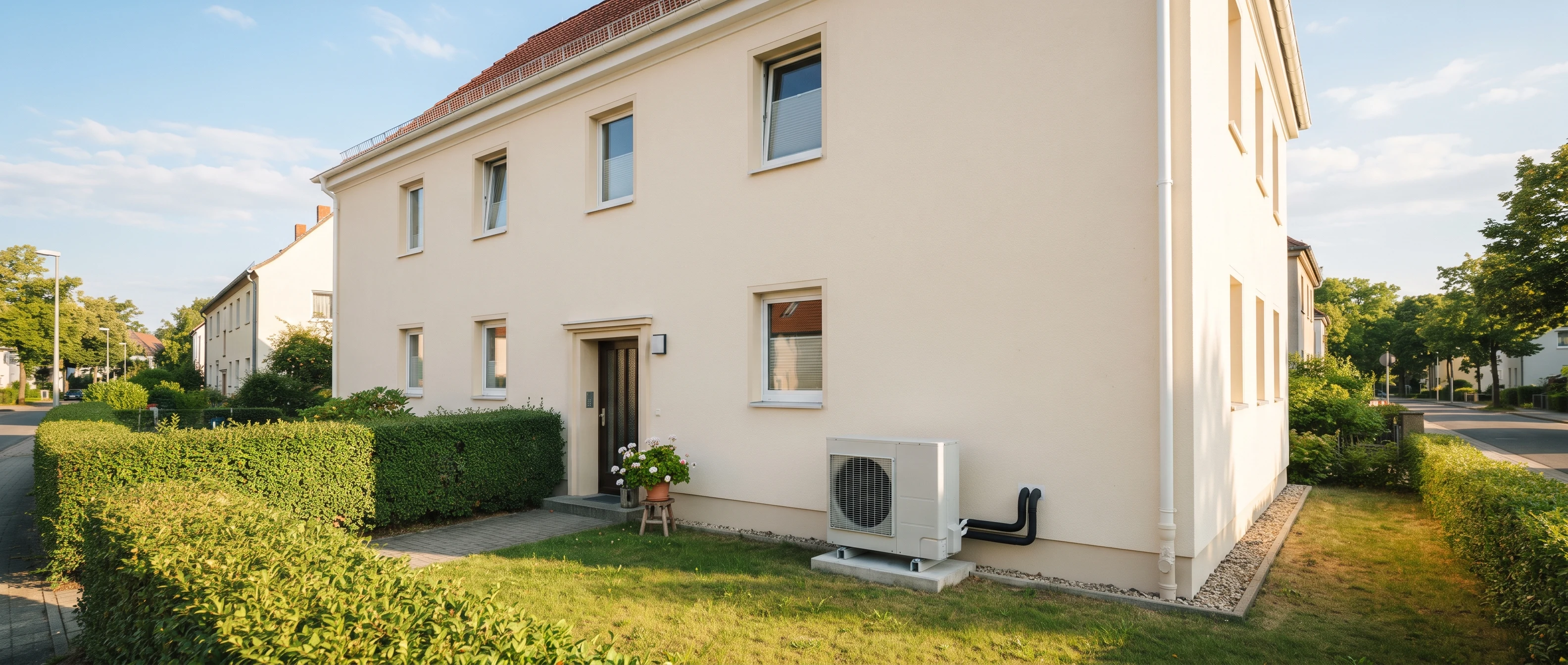 Verputzter Altbau mit modernen Wärmepumpen-Außeneinheiten, Wärmepumpe im Altbau finanzieren
