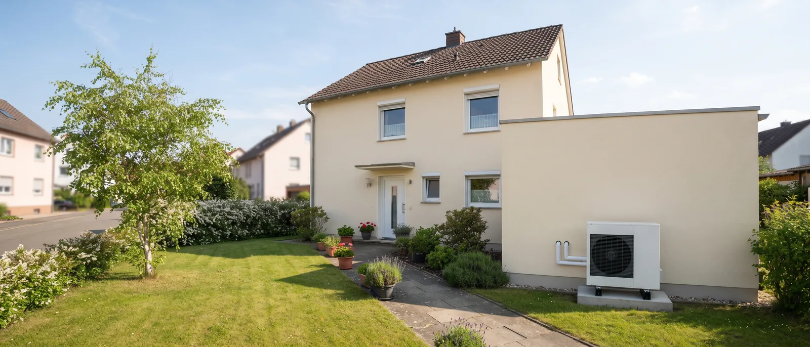 Verputzter Altbau mit moderner Wärmepumpen-Außeneinheit im Garten: Wärmepumpe im Altbau Förderung beantragen