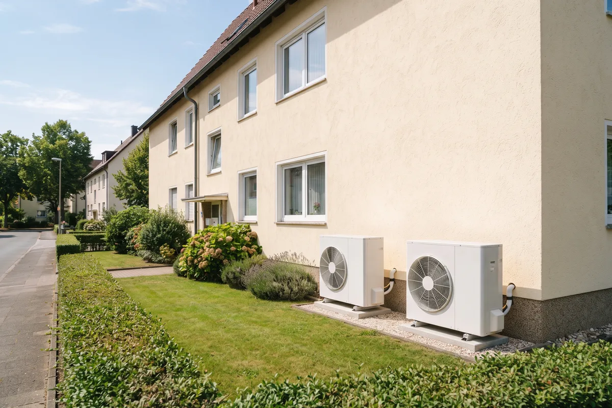 Reihenhaus mit zwei fabrikneuen Wärmepumpen-Außeneinheiten im sonnigen Vorgarten: KfW-458-Förderung je Wohneinheit beantragen