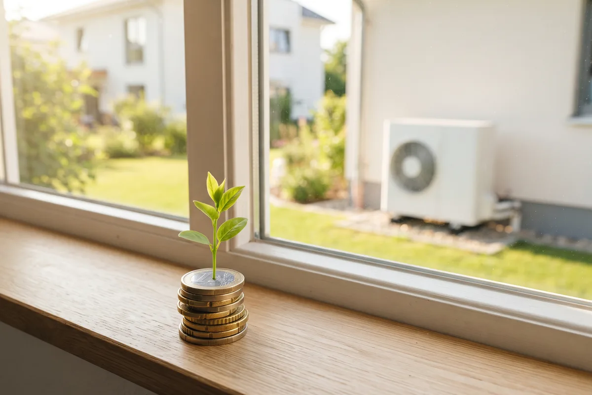 Münzstapel mit kleinem Pflanzentrieb auf einer sonnigen Fensterbank, im Hintergrund unscharf eine Wärmepumpe im Garten: Förderung der Altbau-Wärmepumpe maximieren und Eigenanteil senken
