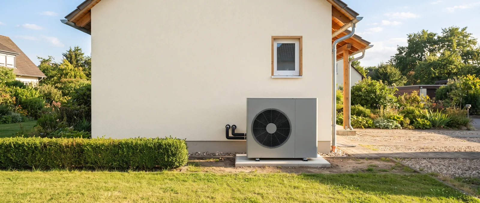 Fertig installierte Wärmepumpen-Außeneinheit an der Seitenwand eines gepflegten Wohnhauses im Sonnenlicht