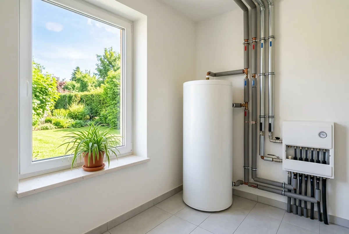 Heller Technikraum mit Warmwasserspeicher und sauber verlegten, gedämmten Leitungen bei Tageslicht