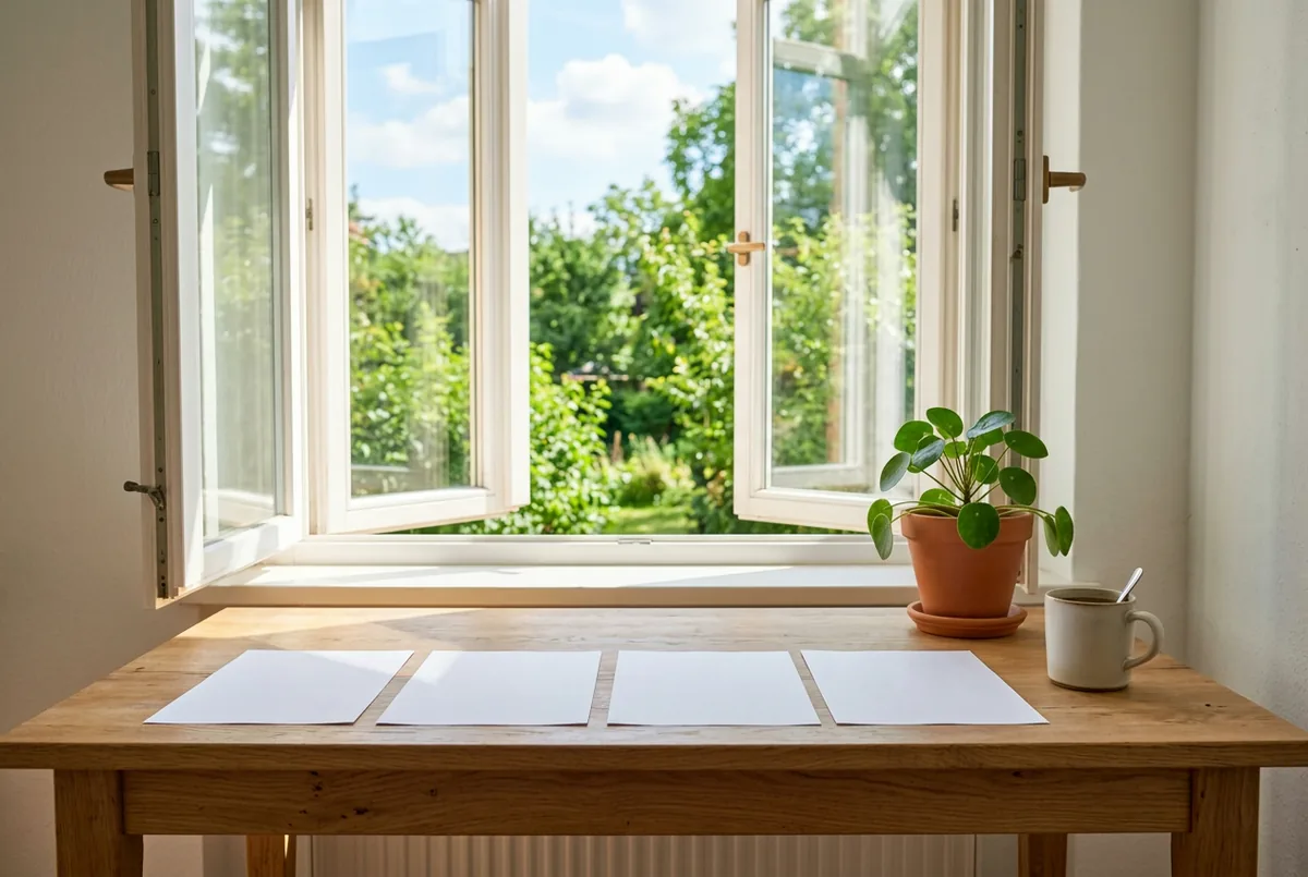 Aufgeräumter Schreibtisch am sonnigen Fenster mit leeren weißen Papierbogen und einer Zimmerpflanze