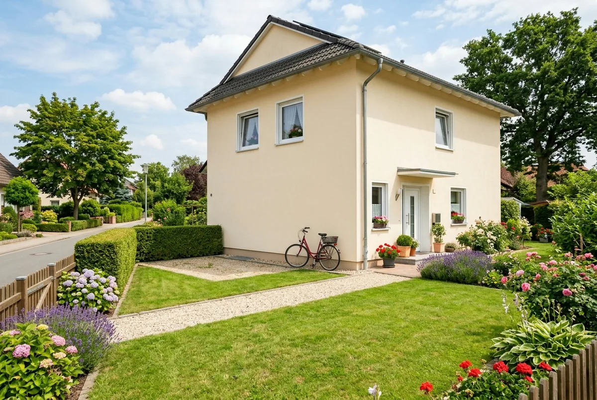 Sonniger gepflegter Vorgarten mit freier Rasenfläche als möglicher Aufstellplatz neben einem Wohnhaus