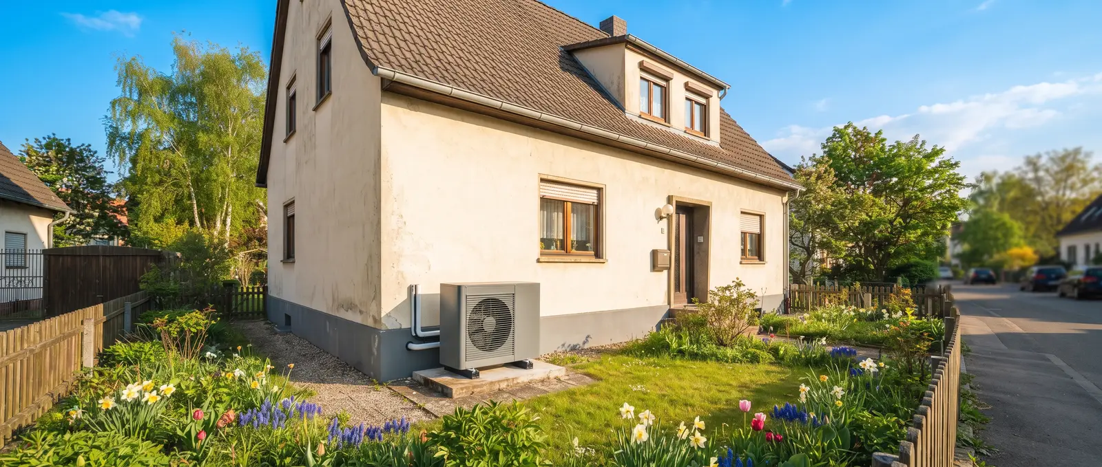 Wärmepumpe im Altbau: Luft-Wasser-Außeneinheit an einem verputzten Altbau mit heller Putzfassade