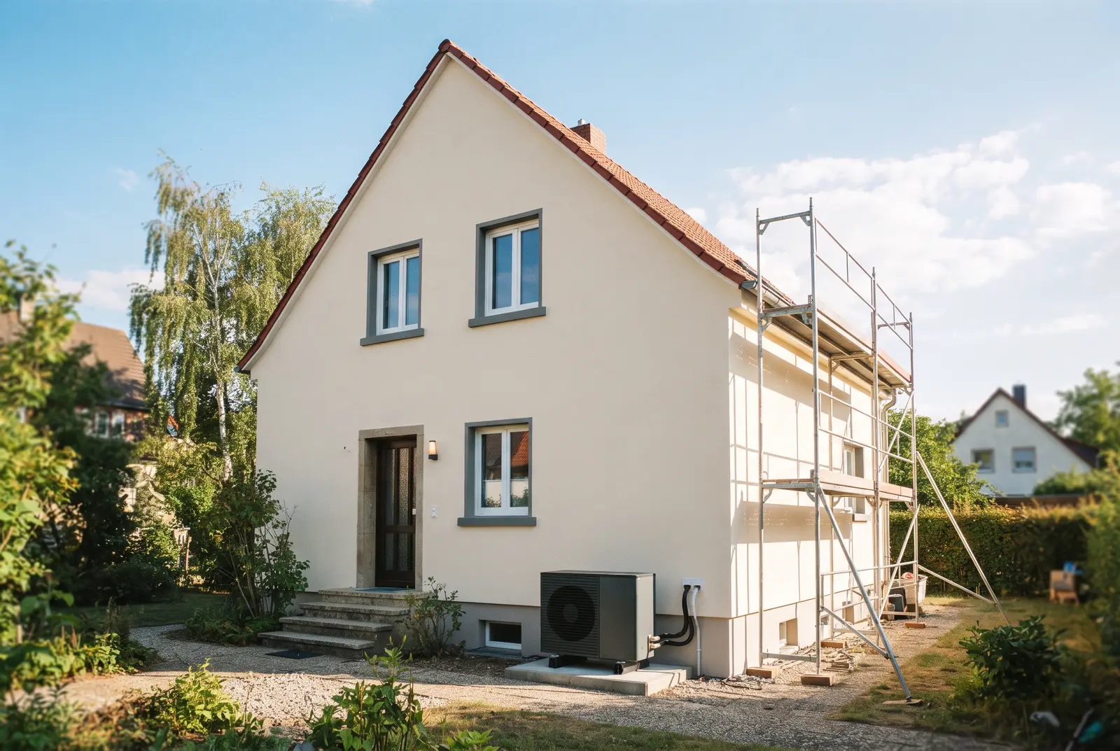 Saniertes Altbau-Einfamilienhaus mit neuer Wärmepumpe und fertiggestellter Fassadendämmung an einem sonnigen Tag