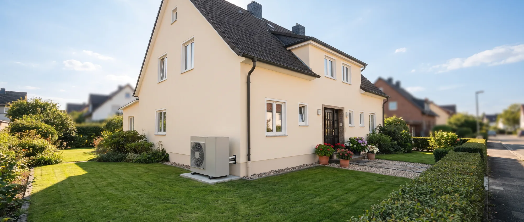 Verputzter Altbau im Wohngebiet mit moderner Wärmepumpen-Außeneinheit neben dem Haus