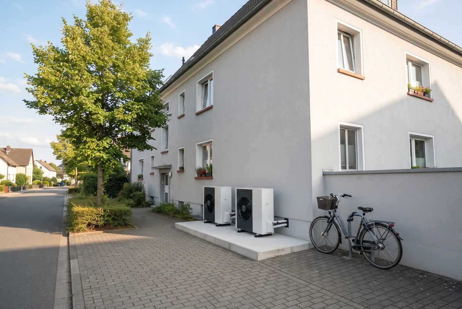 Mehrfamilienhaus im Altbau mit zwei Wärmepumpen-Außeneinheiten nebeneinander im Sonnenschein