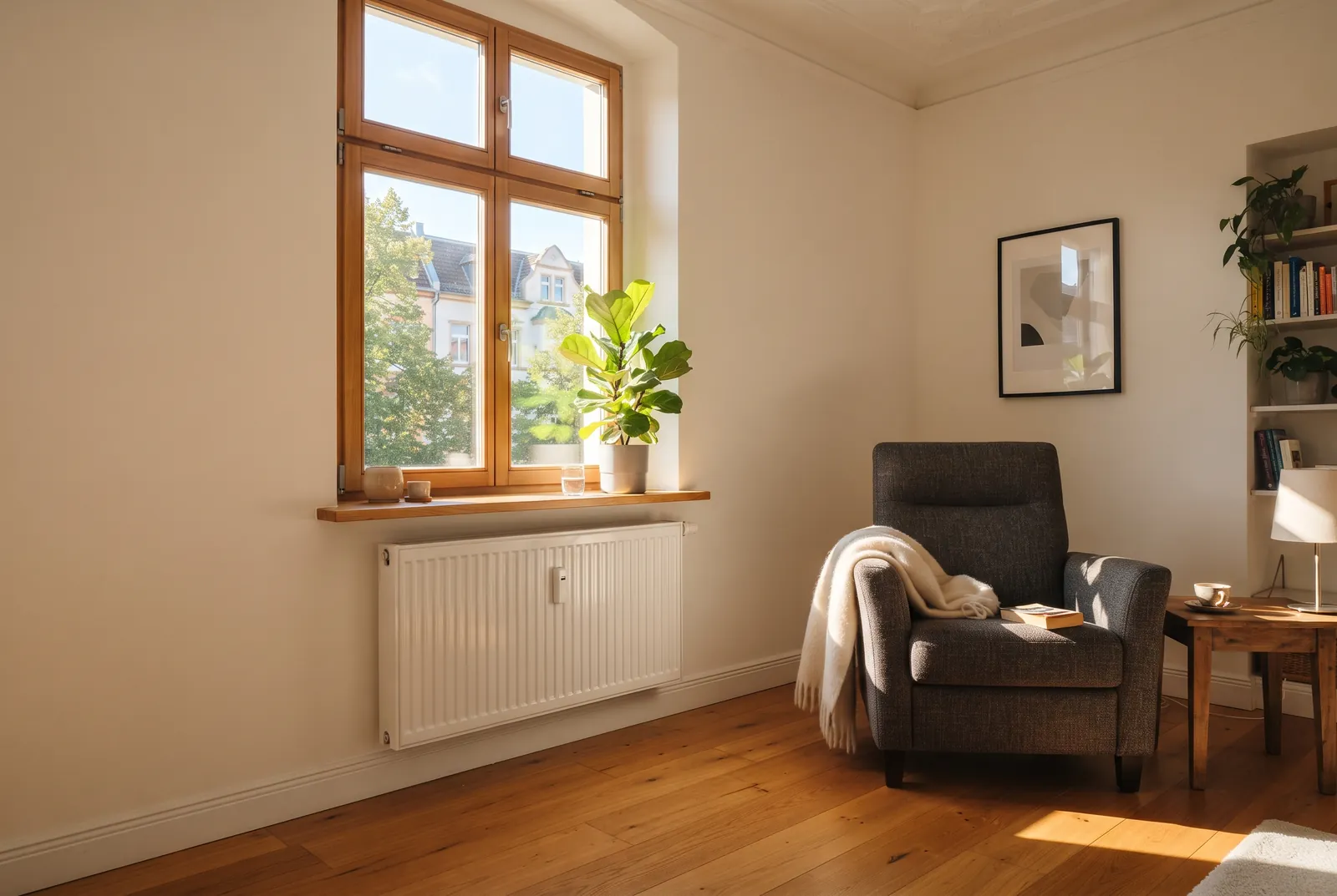 Helles, warmes Altbau-Wohnzimmer mit Heizkörper am Fenster, Ergebnis einer gelungenen Wärmepumpen-Sanierung