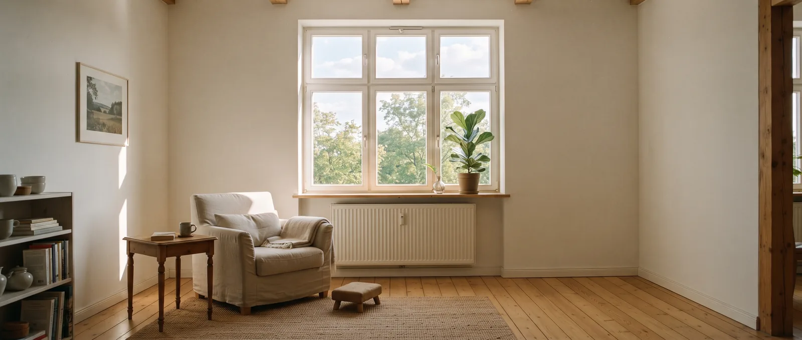 Helles Altbau-Wohnzimmer mit weißem Heizkörper unter dem Fenster und viel Tageslicht