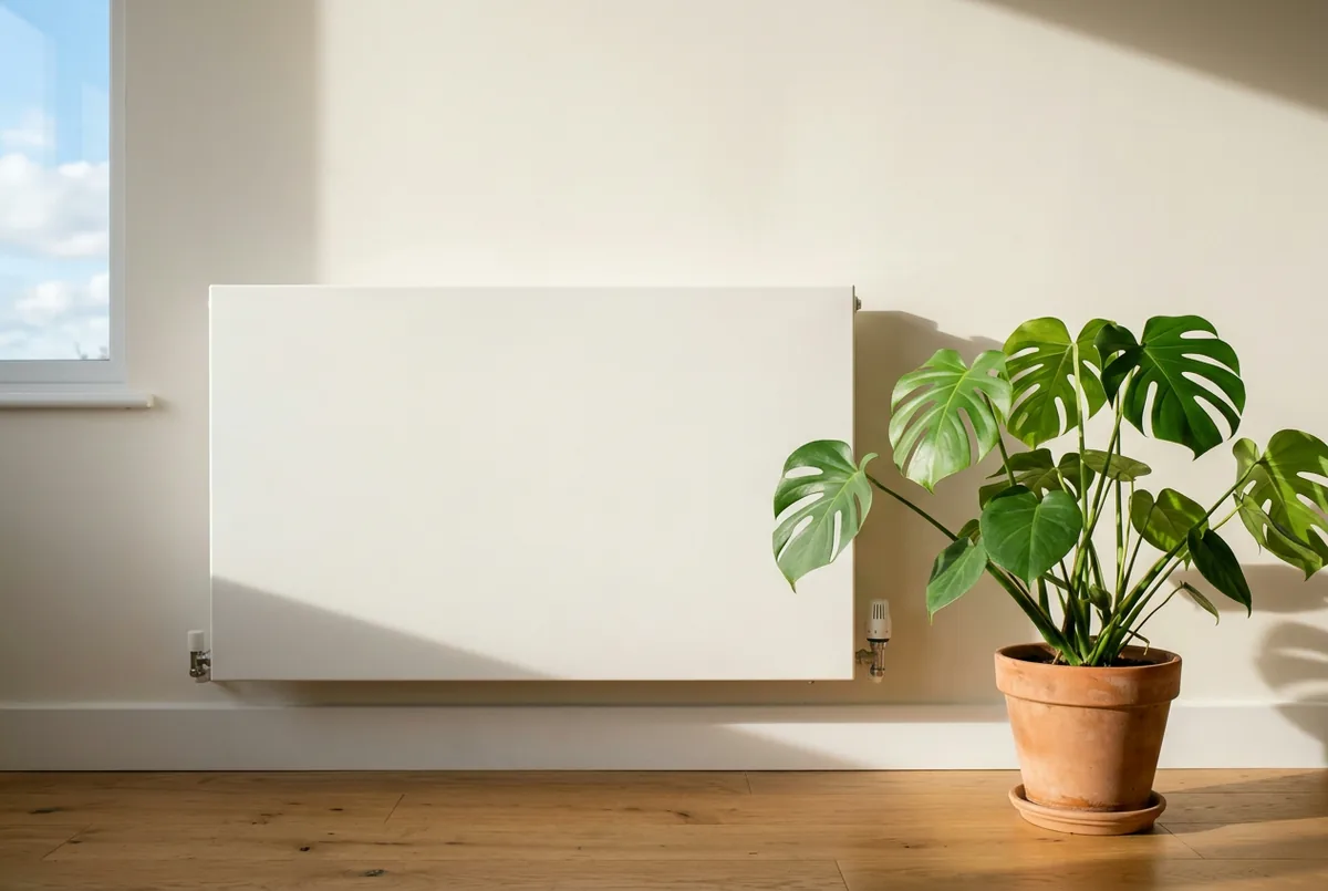 Großflächiger flacher Heizkörper an einer hellen Wand neben einer grünen Zimmerpflanze