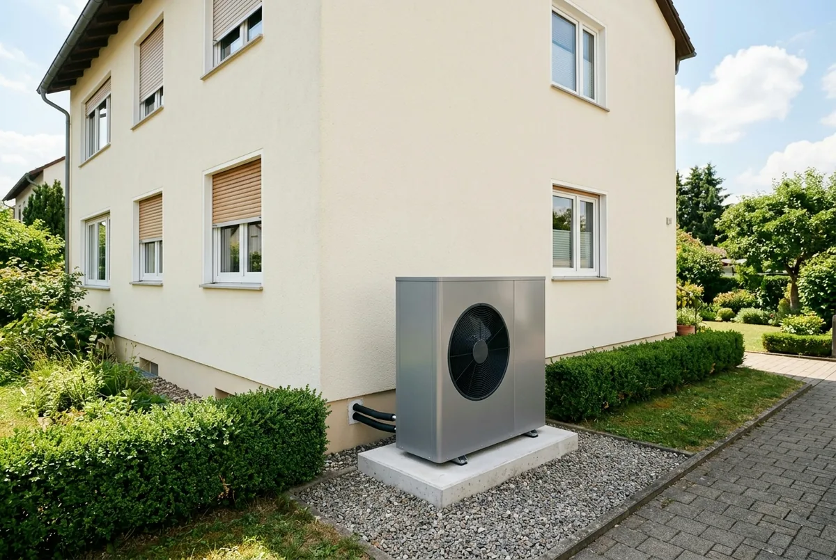 Fabrikneue Wärmepumpen-Außeneinheit an der Putzfassade eines gepflegten Wohnhauses im Sommer