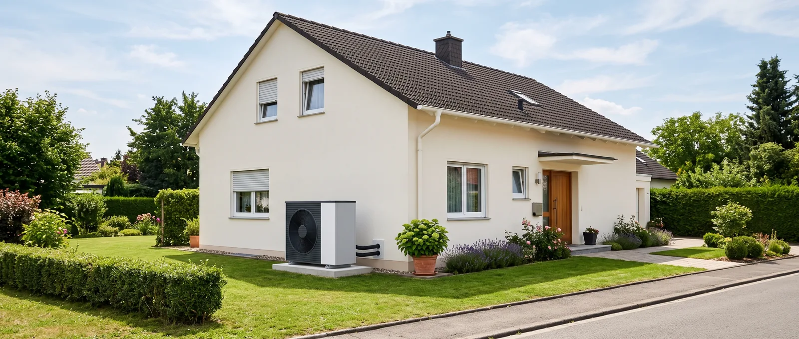 Gepflegtes Einfamilienhaus mit heller Putzfassade und Wärmepumpen-Außeneinheit im sonnigen Garten