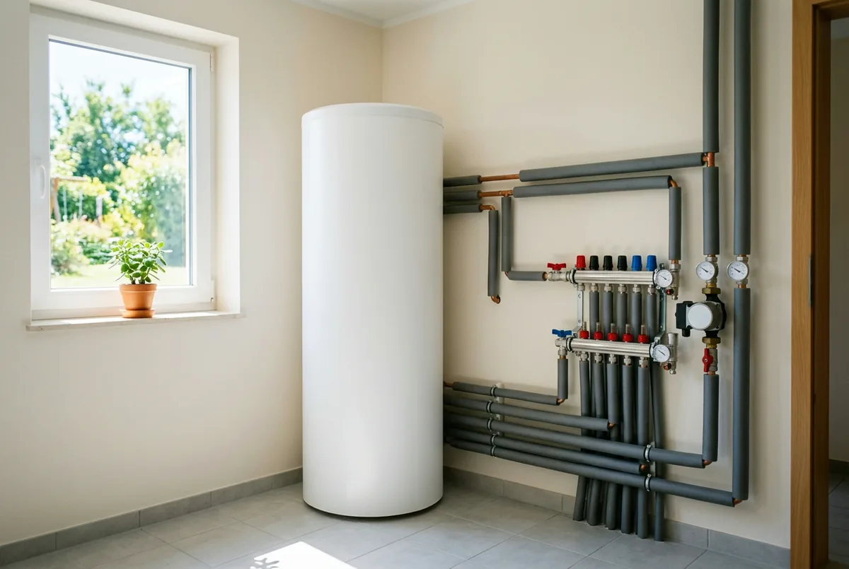 Heller Technikraum mit Warmwasserspeicher und sauber verlegten Heizungsrohren am sonnigen Fenster