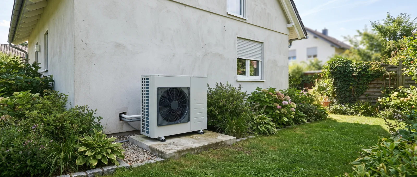 Moderne Wärmepumpe als Außeneinheit vor einem Wohnhaus im Sommer: Eine Wärmepumpe kann heizen und kühlen