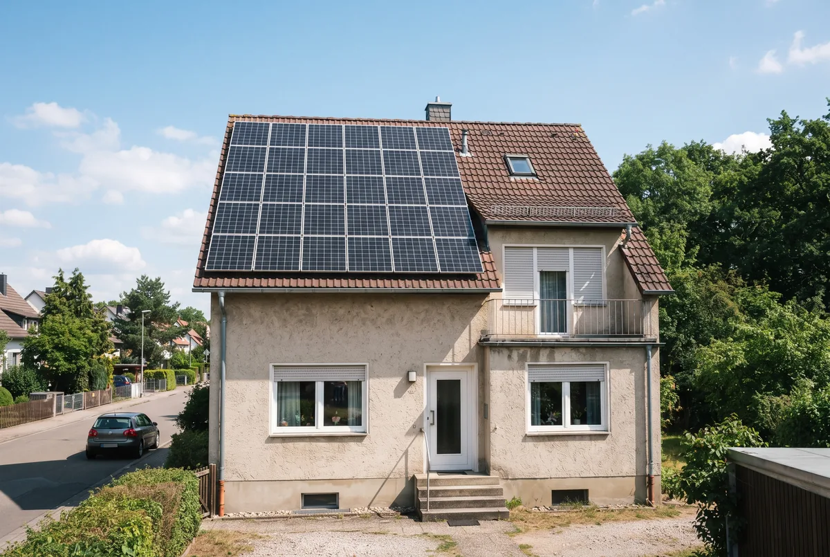 Wärmepumpe neben einem Wohnhaus mit Photovoltaikanlage auf dem Dach an einem Sommertag