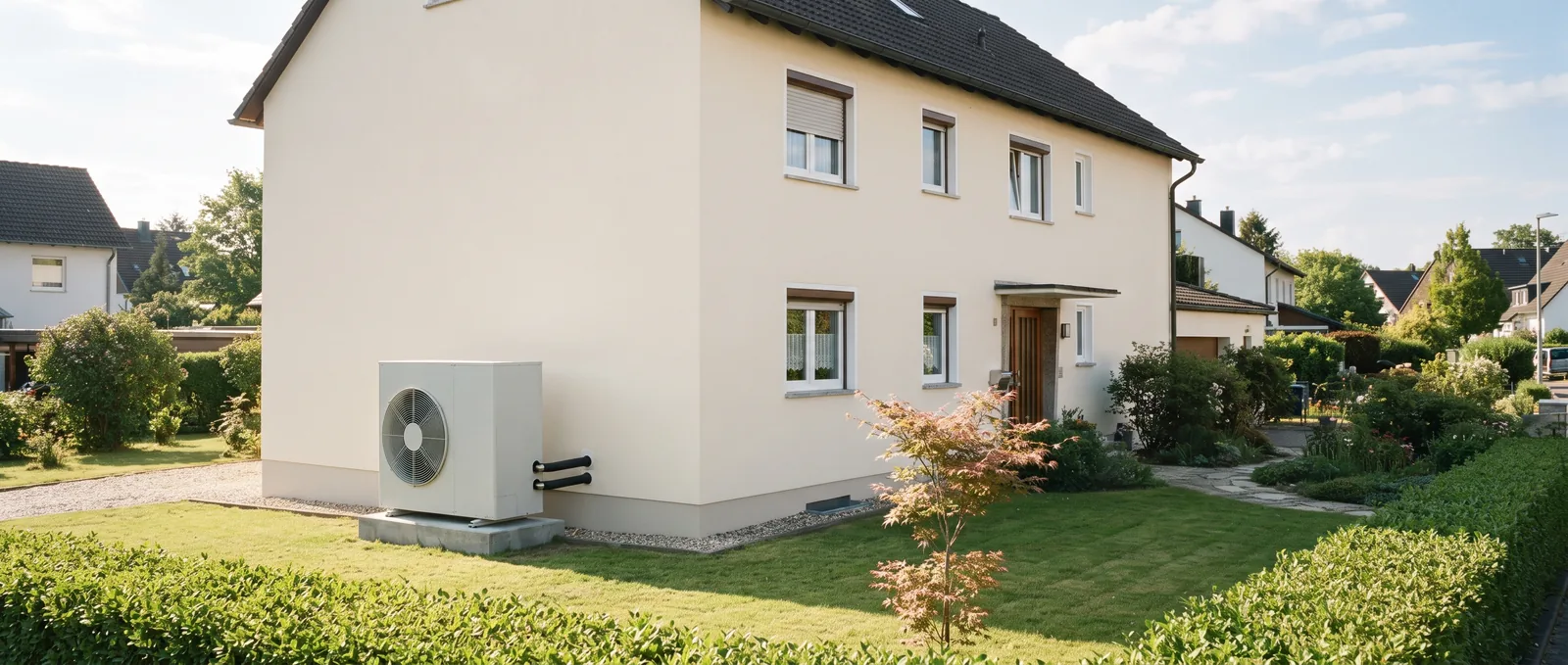 Gepflegtes Einfamilienhaus mit heller Putzfassade und neuer Wärmepumpen-Außeneinheit im sonnigen Garten